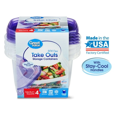 Great Value BPA Free Take Outs Storage Containers with Lids, Medium Square, Set of 4, 32 fl oz