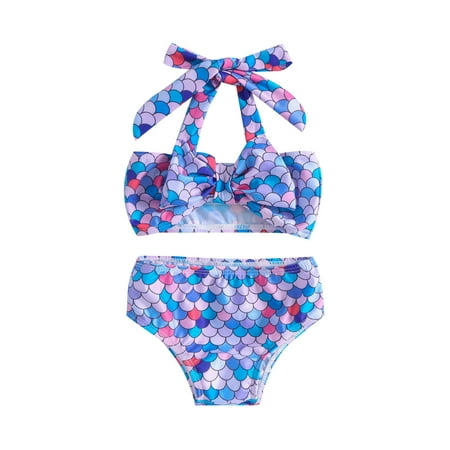 

DcoolMoogl Kids Baby Girls Mermaid Swimsuits Two Piece Bathing Suit Sets 3D Fish Scale Printed Halter Bowknot Tops with Shorts Swimwear