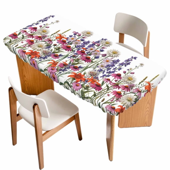 Spring Floral Table Cloths for 3 Foot Rectangle Tables, Watercolor Daisy Lily Lavender Plants Garden Patio Waterproof Elastic Fitted Tablecloths, Washable Rectangular Table Cover for Camping