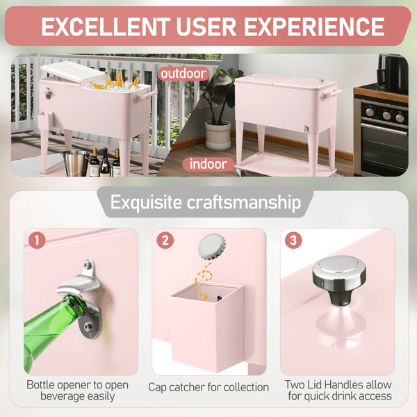 Alvantor 80 QT Patio Rolling Cooler Cart with Shelf, Bottle Opener and Lockable Wheels, Pink