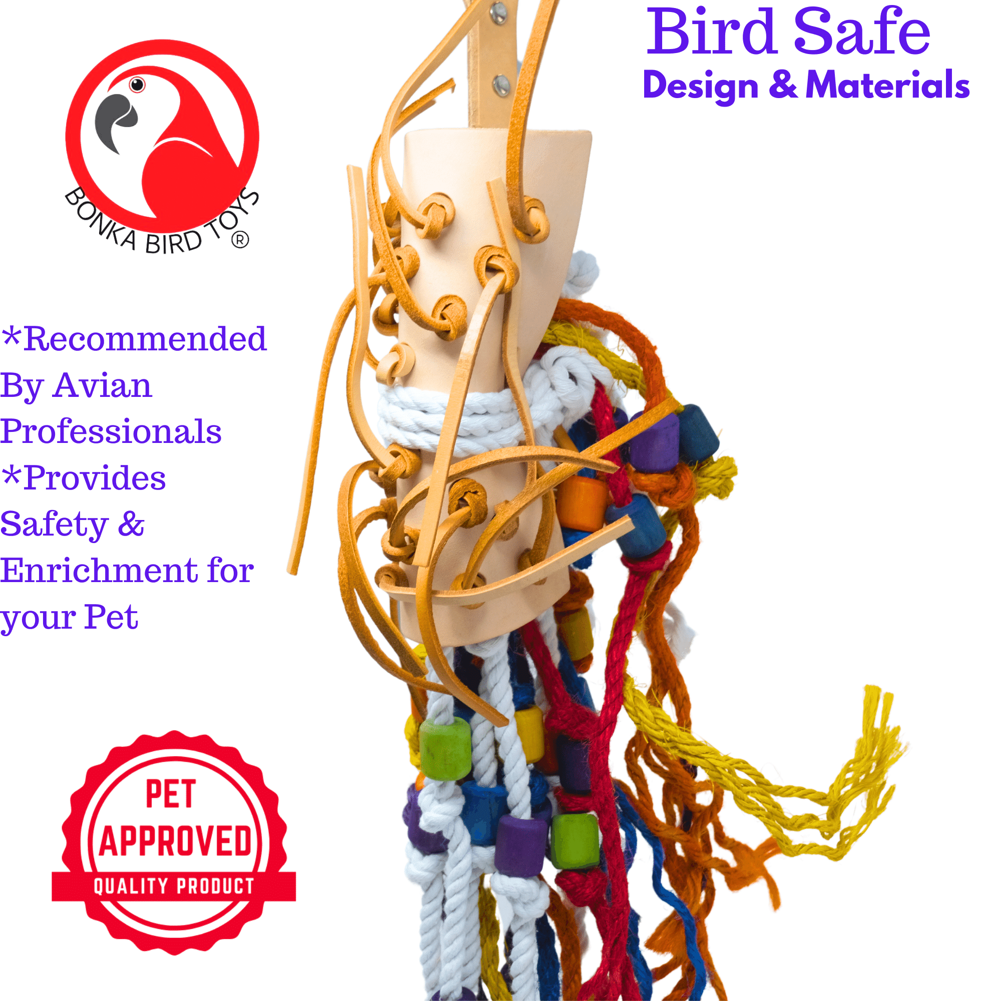 Bonka Bird Toys 2631 Large Leather Side Saddle Chew Forage Preen Parrot Cage Toy