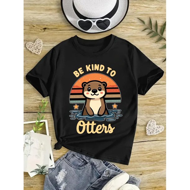 Adorable Otter Sunset Graphic Cotton Tee for Girls - Playful Retro Design with "Be Kind to Otters" Text, Lightweight & Comfy Short-Sleeve Summer Top, Casual Round Neck Youngsters' Clothing