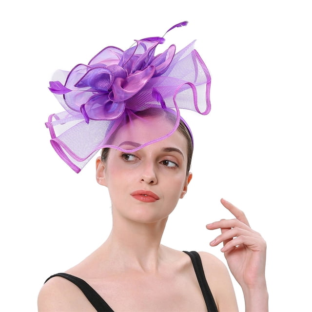 XASZHN Women's Fascinators Flower Hat for Tea Party Cocktail Wedding Church Double Use Hair Clips and Hoops Purple_007 One Size