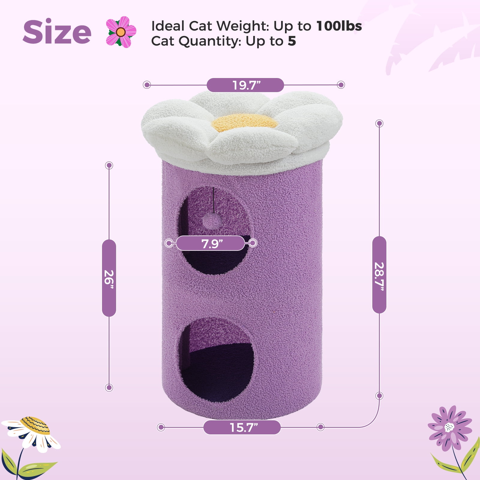 Pefilos 28" 2-Level Cat House Condo with Tree, 2 Cave Bed & Removable Flower Cat Cushion, Purple
