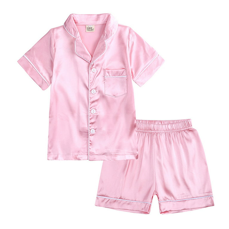 Boys Girls Short Silk Pajamas Set,Classic Satin Pajamas for Toddler,Kids 2  Piece Button-Down Short Sleeve Sleepwear 6-7Y Pink