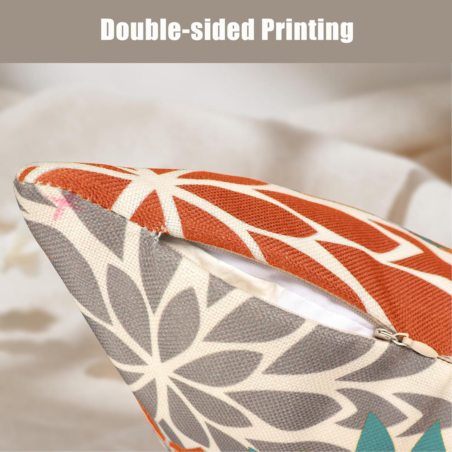 Blue and Orange Floral Throw Pillow Covers 20x20 inch Set of 4 Outdoor and Indoor Farmhouse Decorative Linen Pillow Cover for Patio Garden Living Room Bed Sofa