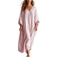 thumbnail image 2 of ClodeEU Women's V-Neck 3/4 Sleeve Linen Blend Maxi Dress, Casual Loose Swing Sundress Pink,Women's Plus L, 2 of 8