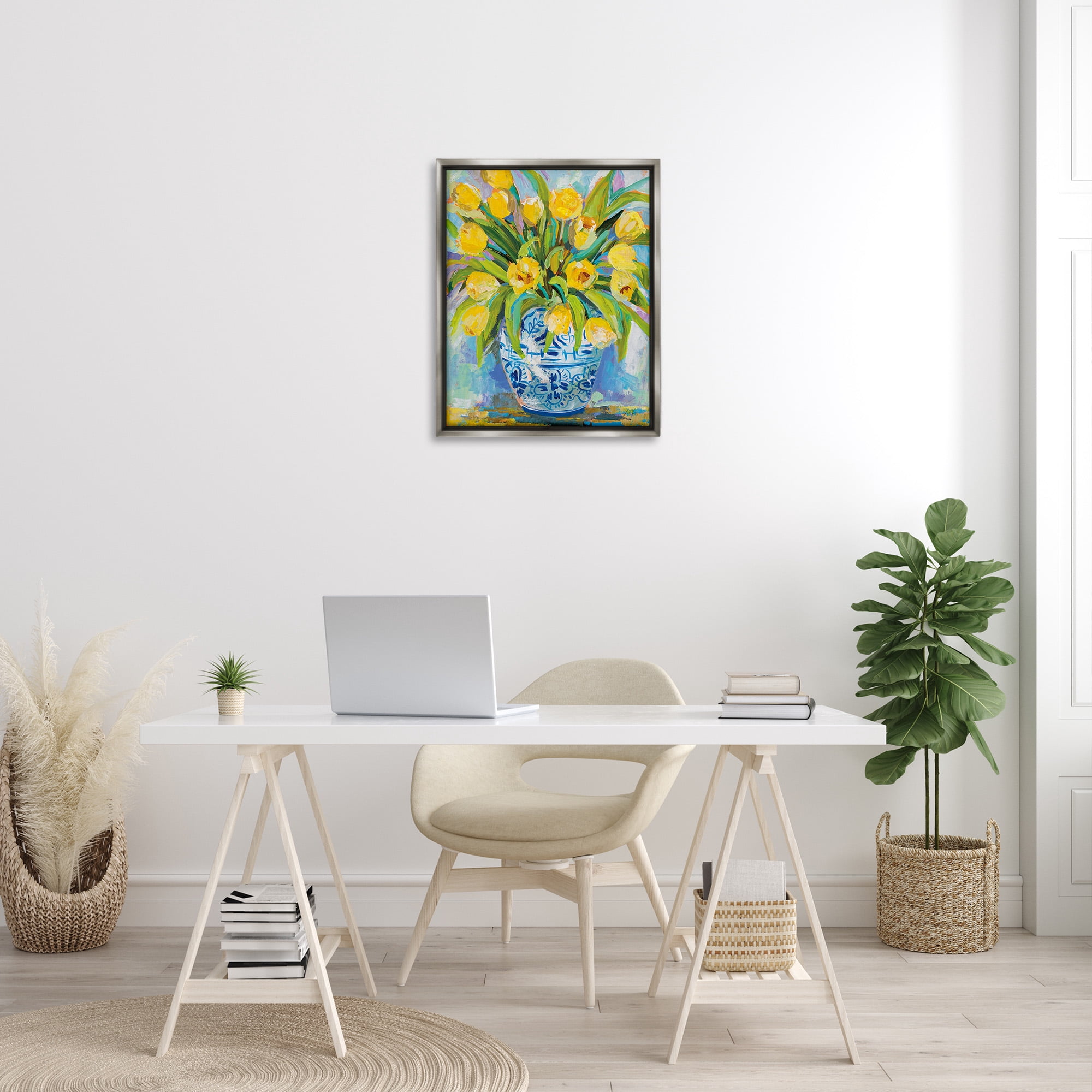 Stupell Industries Expressive Yellow Tulips in Vase Botanical & Floral Painting Gray Floater Framed Canvas Art Print Wall Art, 25 x 31
