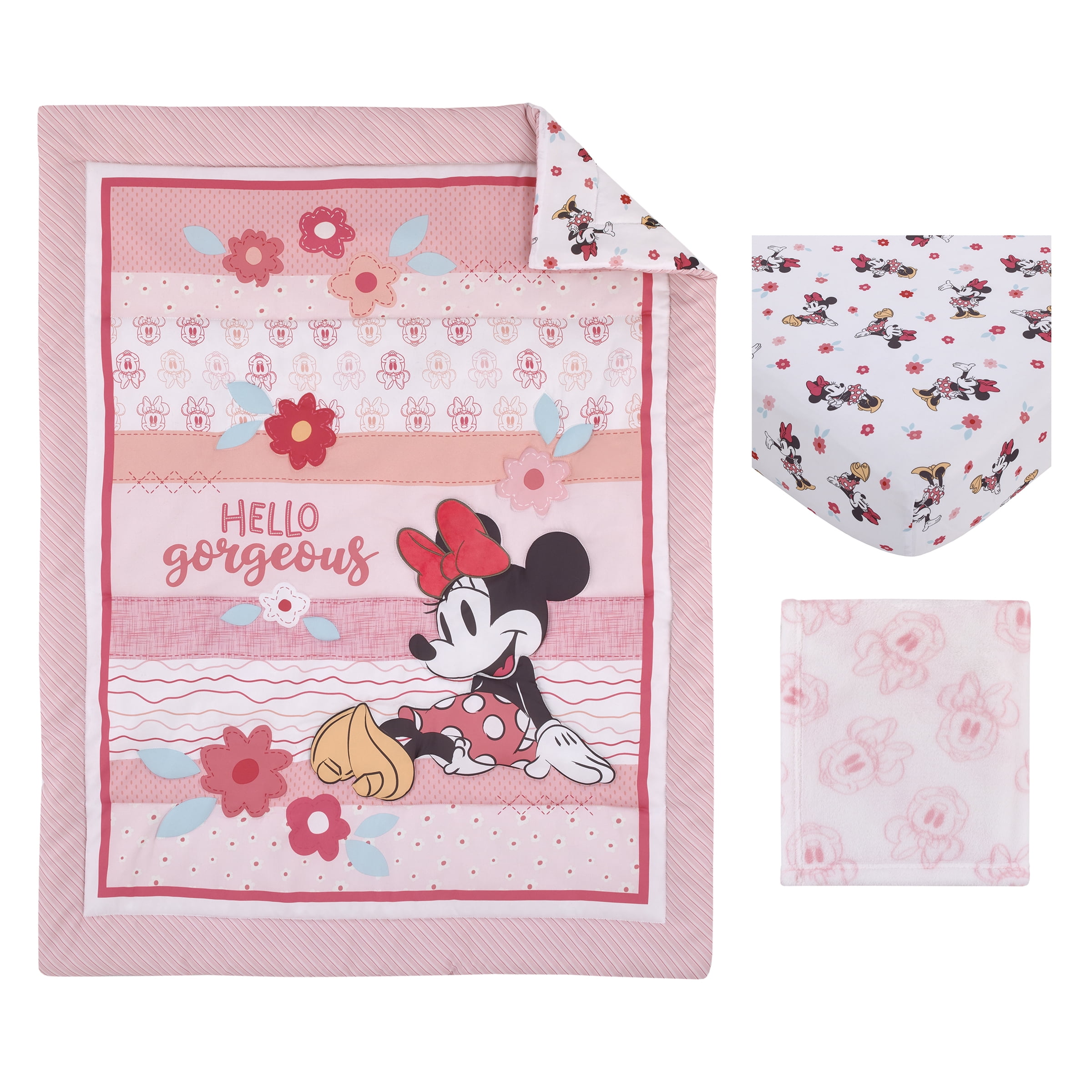 Disney Minnie Hello Gorgeous 3-Piece Crib Bedding Set, Pink Floral, Comforter, Sheet, Blanket, Polyfill comforter
