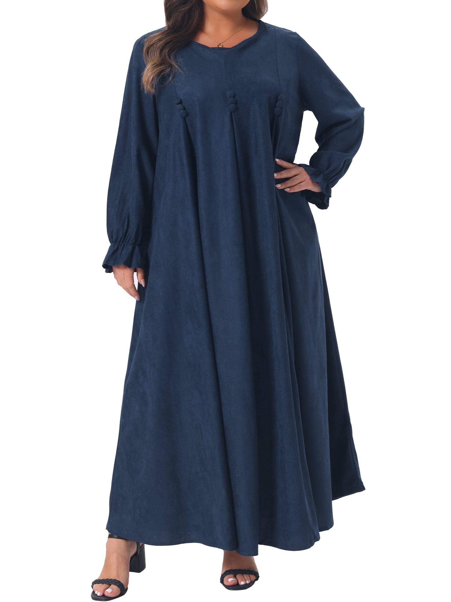 DARING DIVA Women's Plus Faux Suede Crew Neck Long Sleeve Maxi Dress L Dark Blue