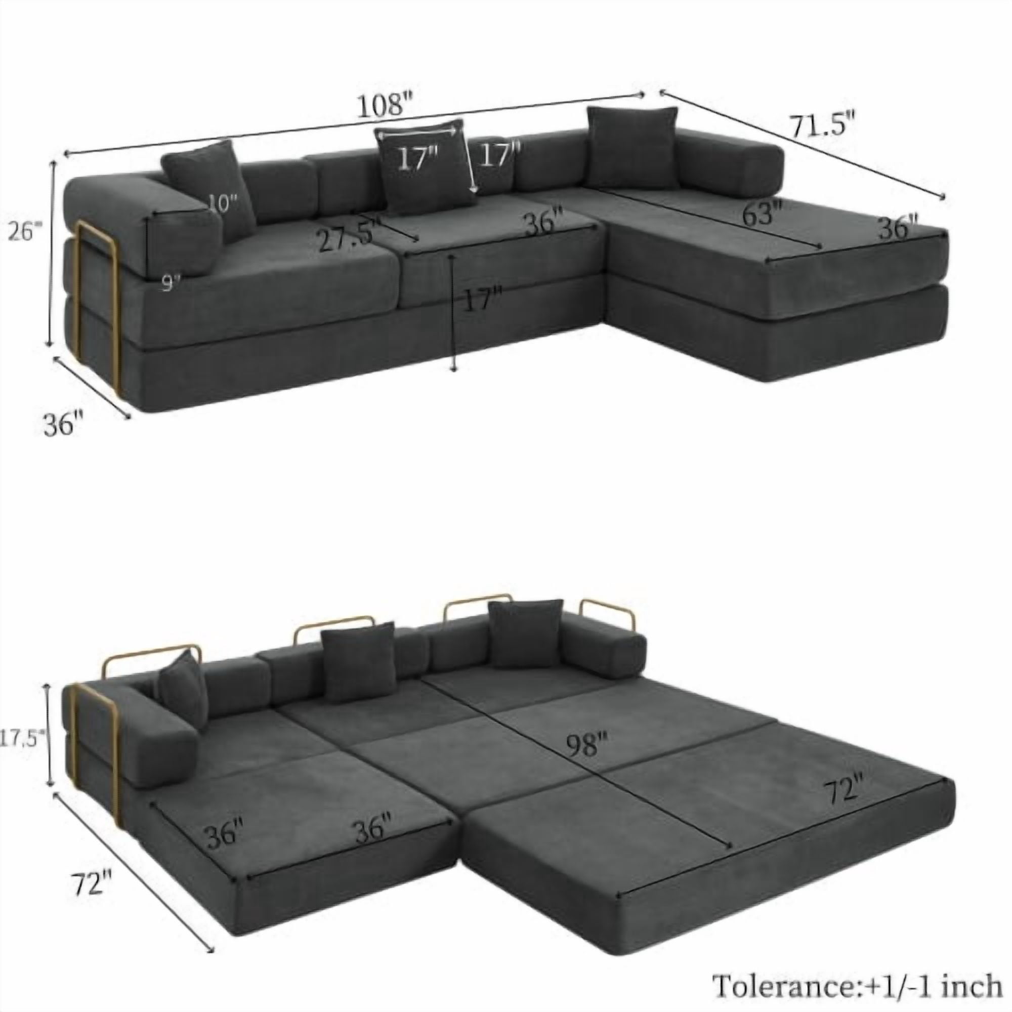 108" Modular Sectional Sofa with L-Shape Chaise, Convertible Sleeper Sofa Bed, Corduroy Cloud Couch with Deep Seat, No Assembly Required, Removable Backrest, Grey