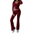 thumbnail image 3 of Women'S Workout 2 Piece Lounge Sets Long Sleeve Tops Foldover Flare Pants Casual Outfits Tracksuit Wine Red XS, 3 of 8