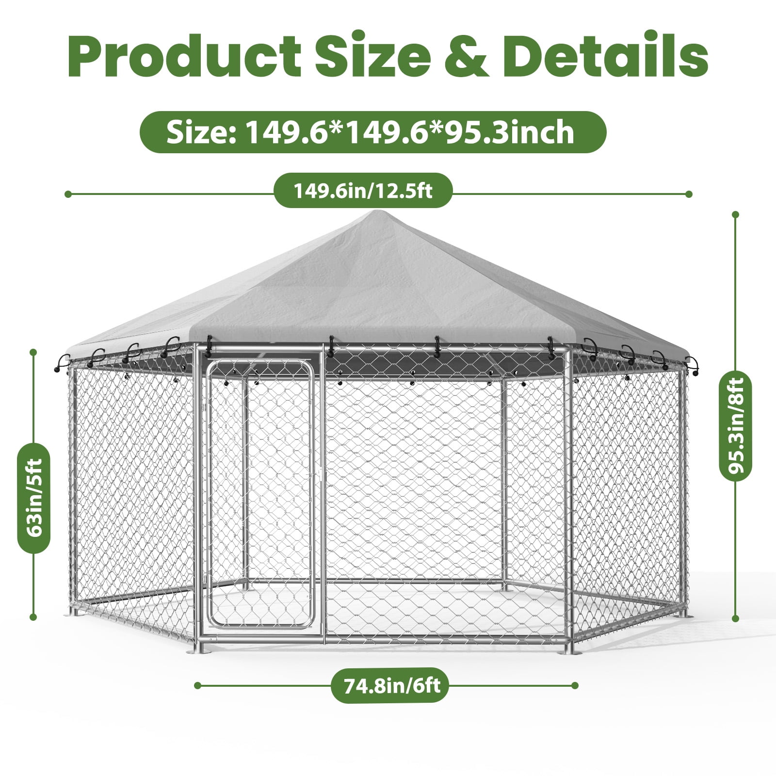 YOKWOK 12.5x12.5ft Large Outdoor Dog Kennel, Heavy Duty Dog Kennel with Anti-Rust Wire, Waterproof Roof Cover, Security Lock & Metal Gate for Large Dogs, Backyard, Farm, Outside Use