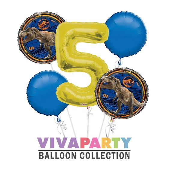 Jurassic World Round Balloon Bouquet 5 pc, 5th Birthday, Gold Number 5 Jumbo Balloon | Viva Party Balloon Collection