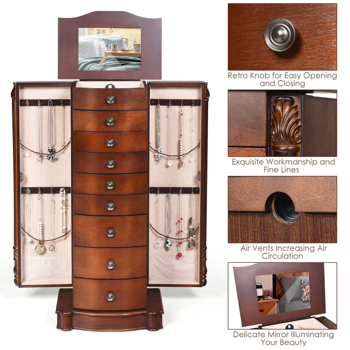 Black, Jewelry Cabinet with Mirror, Armoire Box Storage Chest, Stand Organizer with 5 Drawers & 8 Necklace Hooks HOMGX 