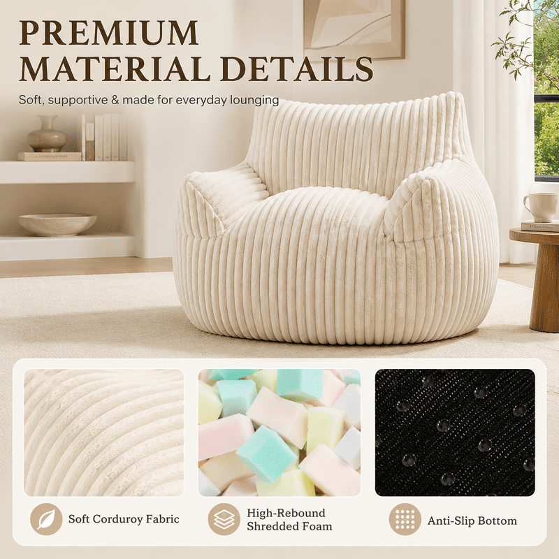 Giant Bean Bag Chair for Adults, 46" Oversized Corduroy Bean Bag Sofa with Armrests, Shredded Foam Floor Lounge Chair, Supports 400 lbs, Beige