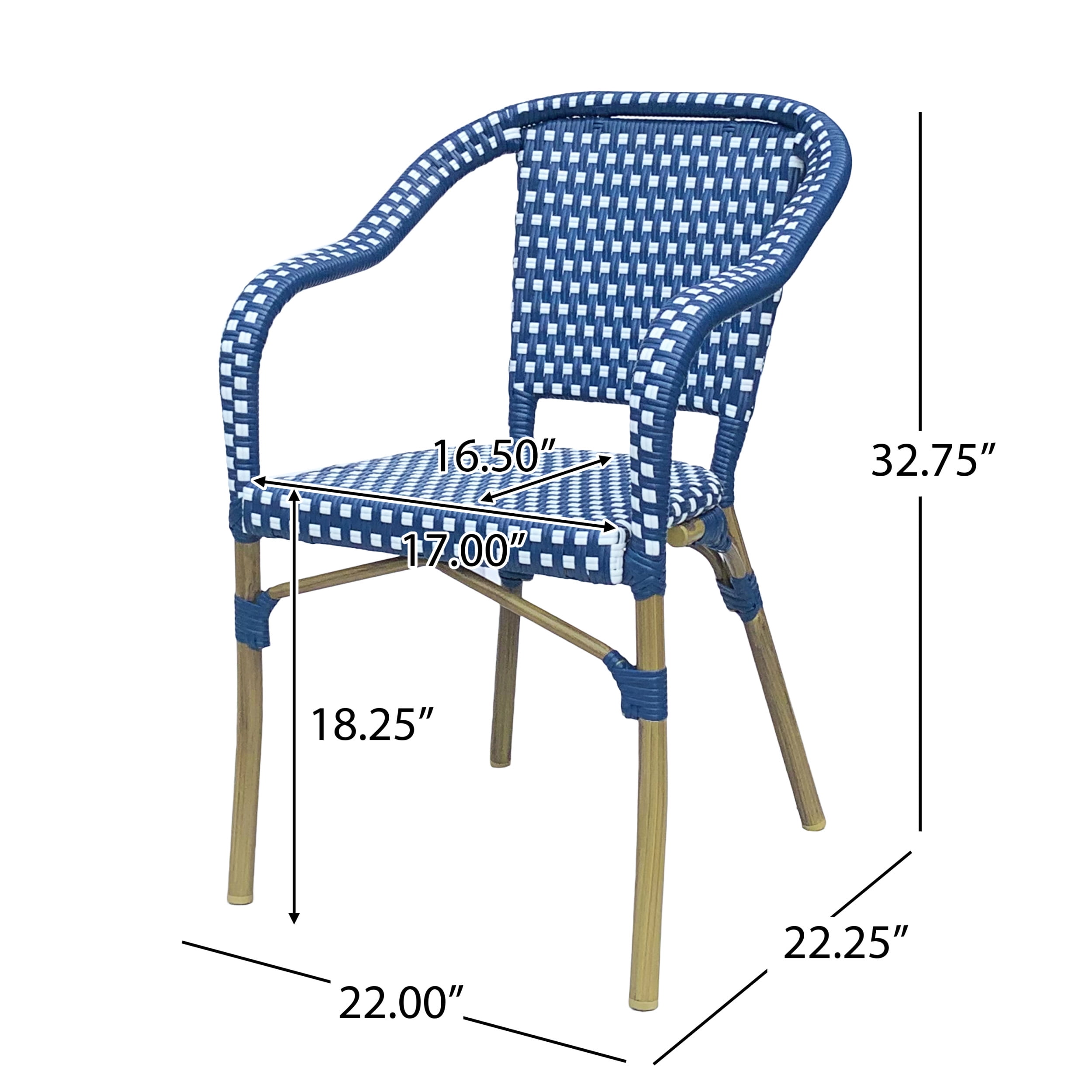 Baton Aluminum and Wicker Outdoor French Bistro Chairs, Set of 4, Navy Blue, White, and Wood Print