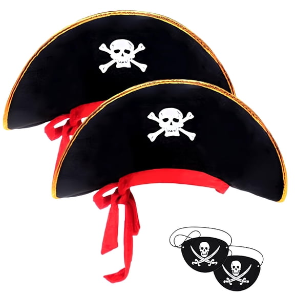 2 Pieces Colonial Pirate Hat Skull Print Pirate Captain Costume Cap with Eye Patches