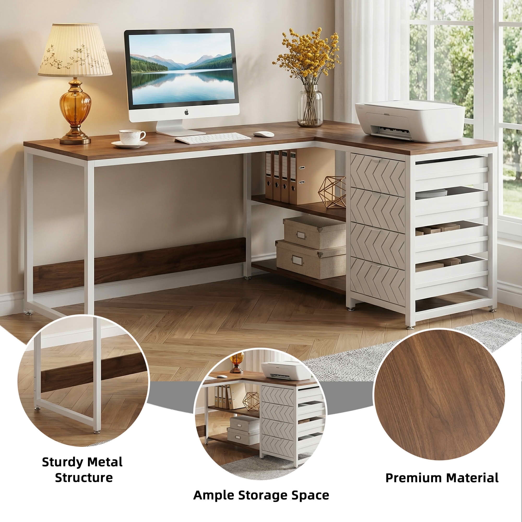MAYEERTY Reversible L-Shaped Desk with 2-Tier Shelf & 4 Drawers