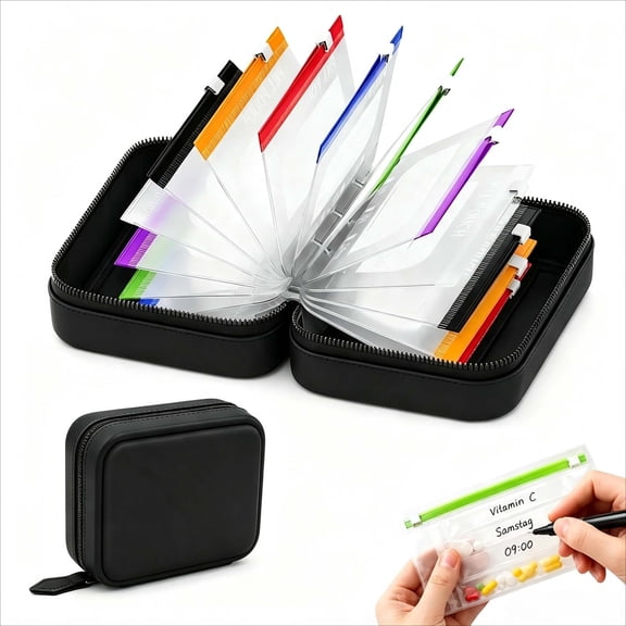 Pill Organizer Monthly, 14 Color-Coded Pouches, Triple-Layer Waterproof Protection, Pill Case for Purse for Home Work Gym Vitamins Supplements