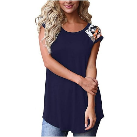 

TZNBGO Women s Patchwork Tops Casual Printed T-Shirt Crewneck Elegant Short Sleeve Tops T-Shirt Top Navy Blue M Plus Size Summer Tops For Women Topsy Turvy Women Workout Tops Scrub Tops73926