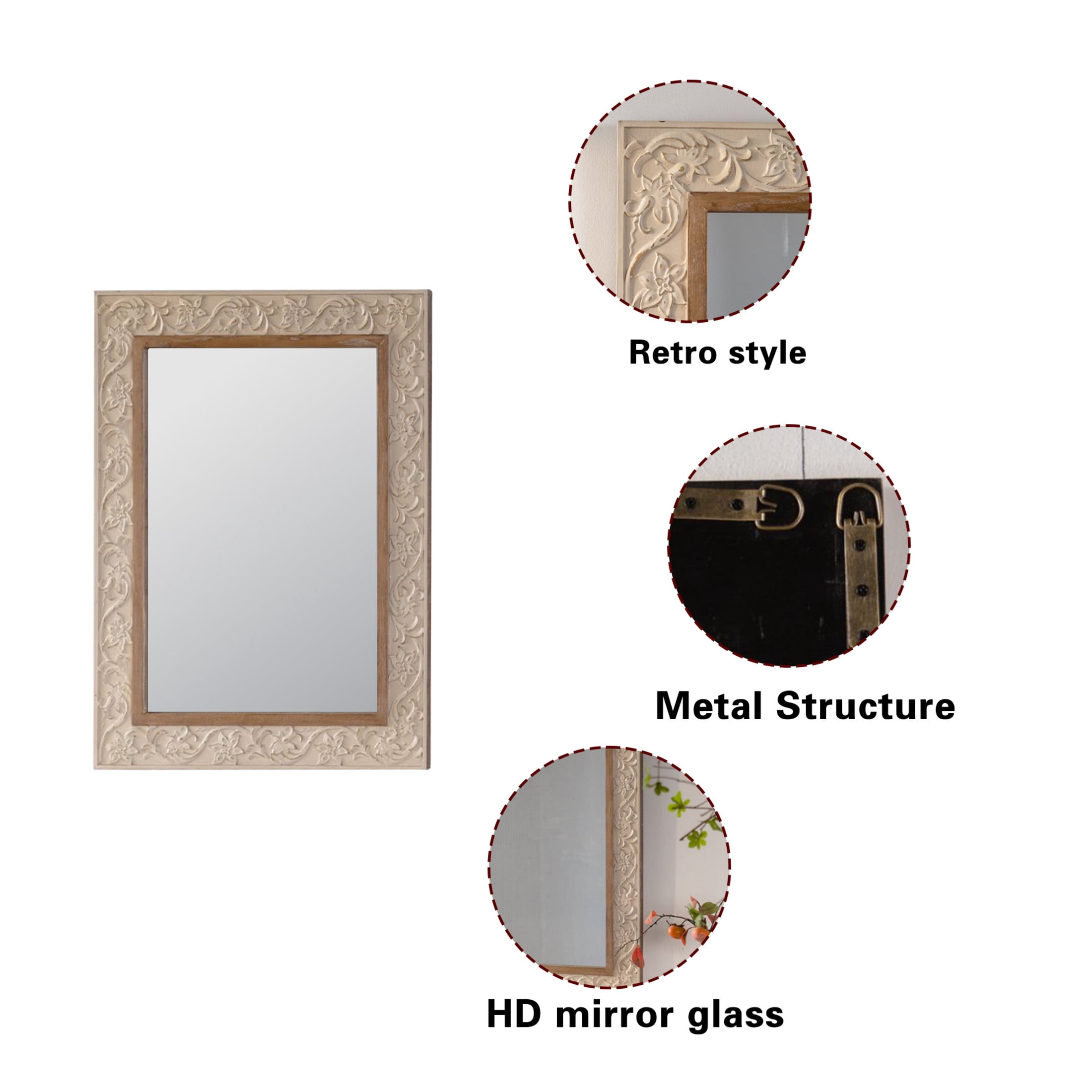 Noble House Westmere Vintage Carved Pattern Rectangular Wall Mirror, Ornate Floral Retro Frame, Beige & Brown