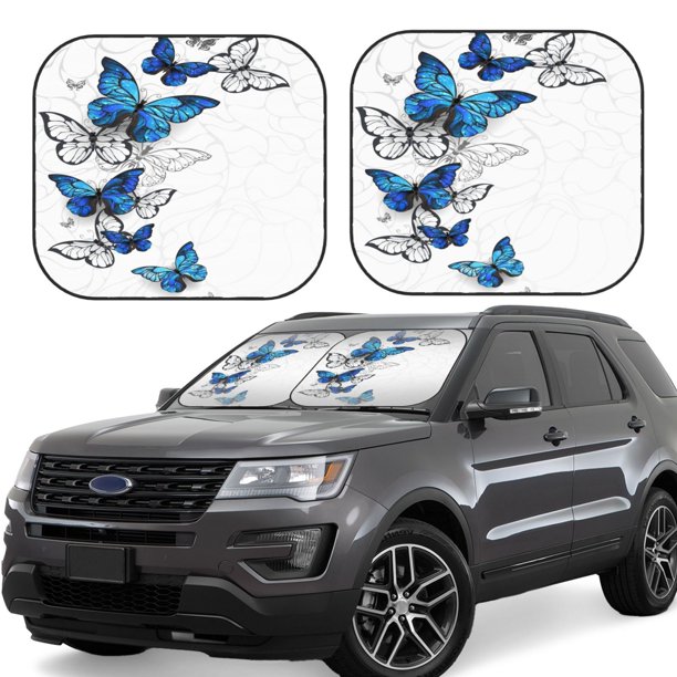 Fotbe Blue Flying Butterflies Juego de 2 Piezas de Parasoles para Parabrisas | Bloqueador Solar para Auto | Accesorios Plegables para Protección Solar Interior-Large