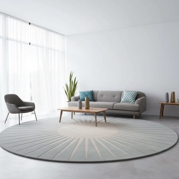 Eclatique Rug Modern Hand-Tufted Sunburst Round Area Rug, Muted Silver, 4 ft, 100% New Zealand Wool Indoor Accent Carpet