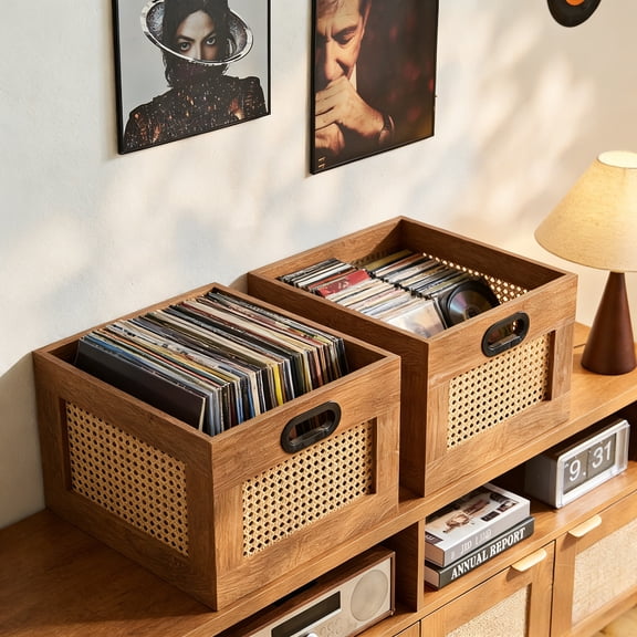 LELELINKY 2pc Rattan Vinyl Record Storage Crate with Handle, Holds 75 LP, Desktop Cube Album Holder for Vinyls, Tea Color