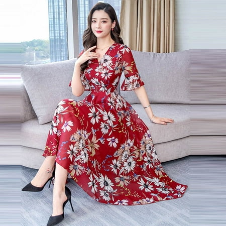 Dress Fashion Casual Women V-Neck Short Sleeve Long Floral Print Slim A-Line Dress Fall Dresses For Women