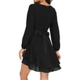 thumbnail image 2 of Aiyino Women's Dress Deep V-Neck Long Sleeve Waist Tie Ruffle Mini Swing Skater Dresses,Black, 2 of 6