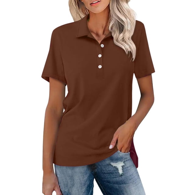 Hot Sale!!Women's Short Sleeve Shirts Summer Button Down Collared Tops Casual Loose Tees