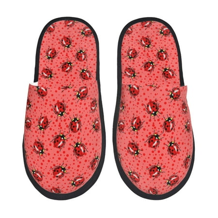Balery Ladybugs On Red Polka Dot Slient Indoor Furry Fleece Comfort House Shoes Soft Non-Slip Home Shoes Cotton slippers House Slippers-- Large