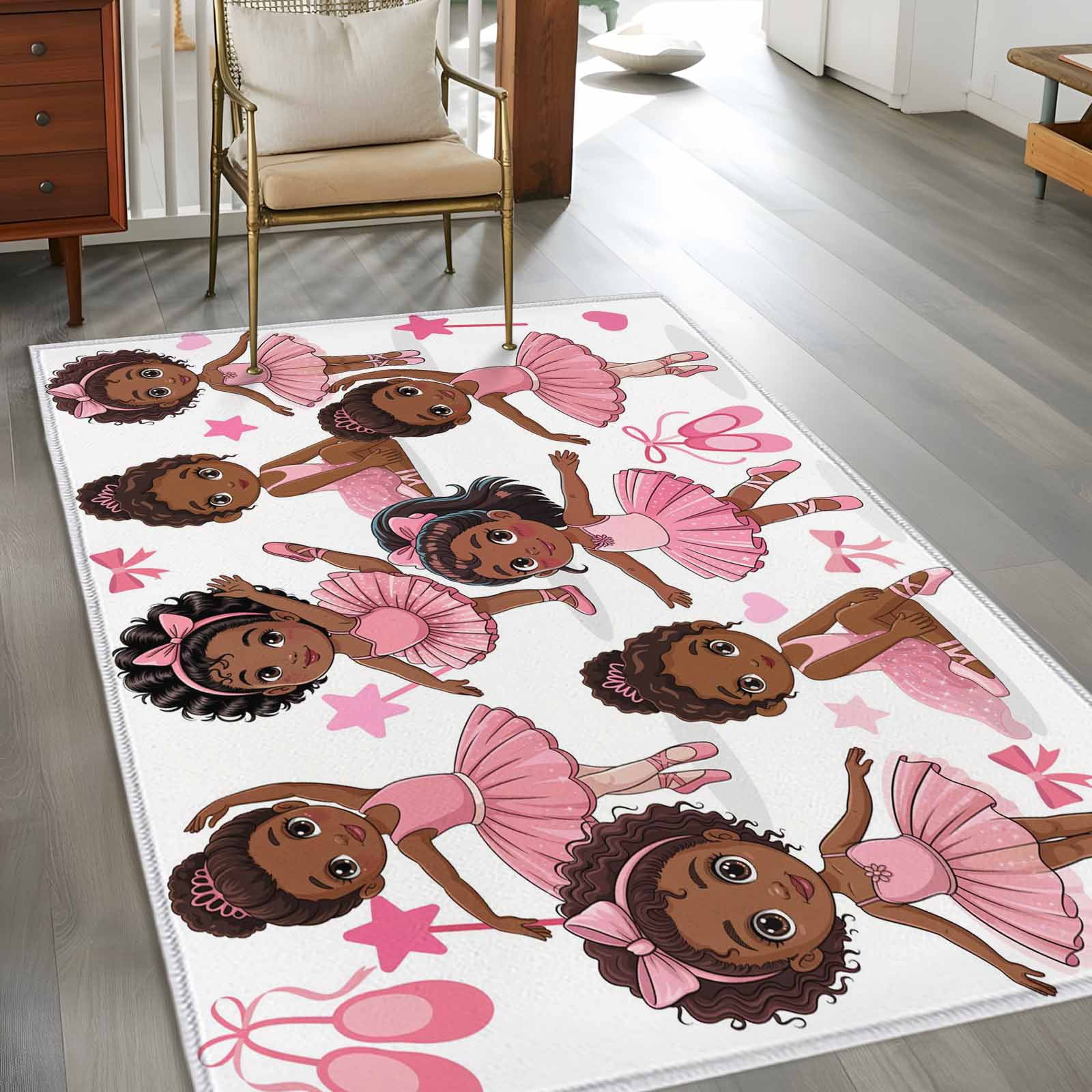Area Rugs for Living Room 4x6 Ft, Pink Ballet Dancer Non Slip Area Rugs for Kitchen Bedroom Entryway, Cute Cartoon Girls Bow-knot Love Star Washable Carpet Runner Rug Floor Mats for Bedroom