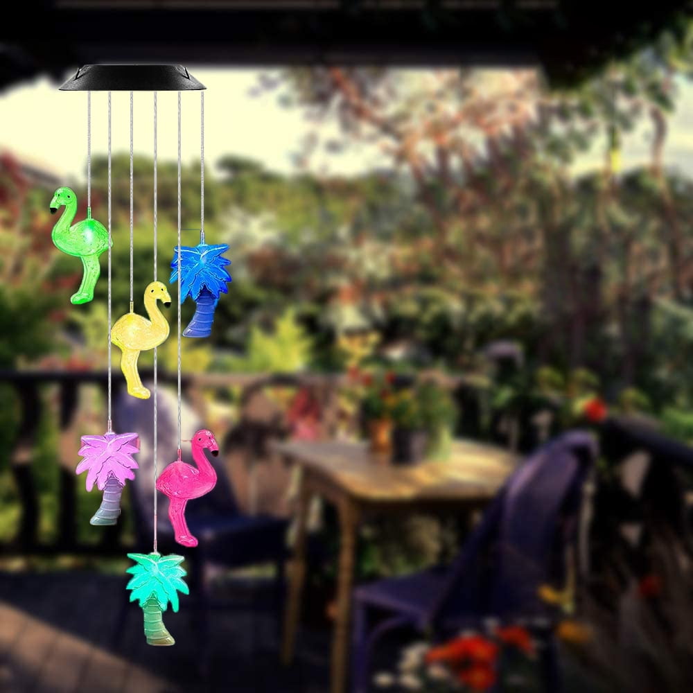 Solar Lamp Color Changing LED Flamingo Wind Chimes Outdoor Home Garden Decor 