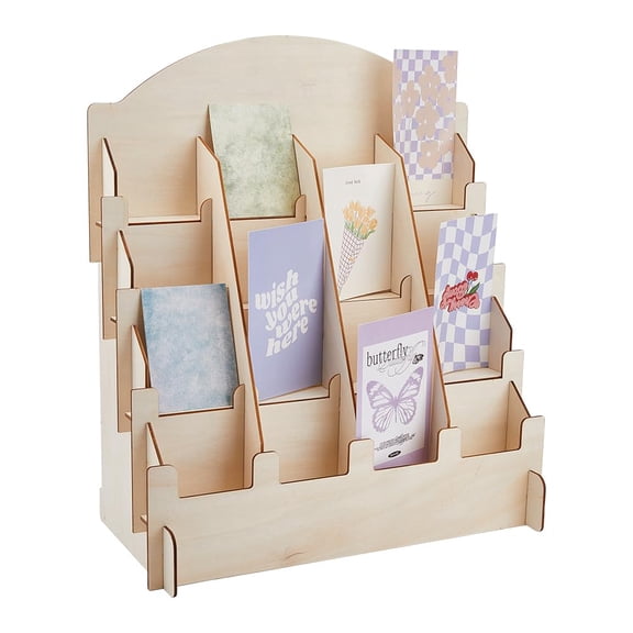 Sticker Display Stand 4-Tier 16-Slot 14.01x14.56inch Wooden Display Riser Stands Counter Retail Display Rack Postcard Display Stand Picture