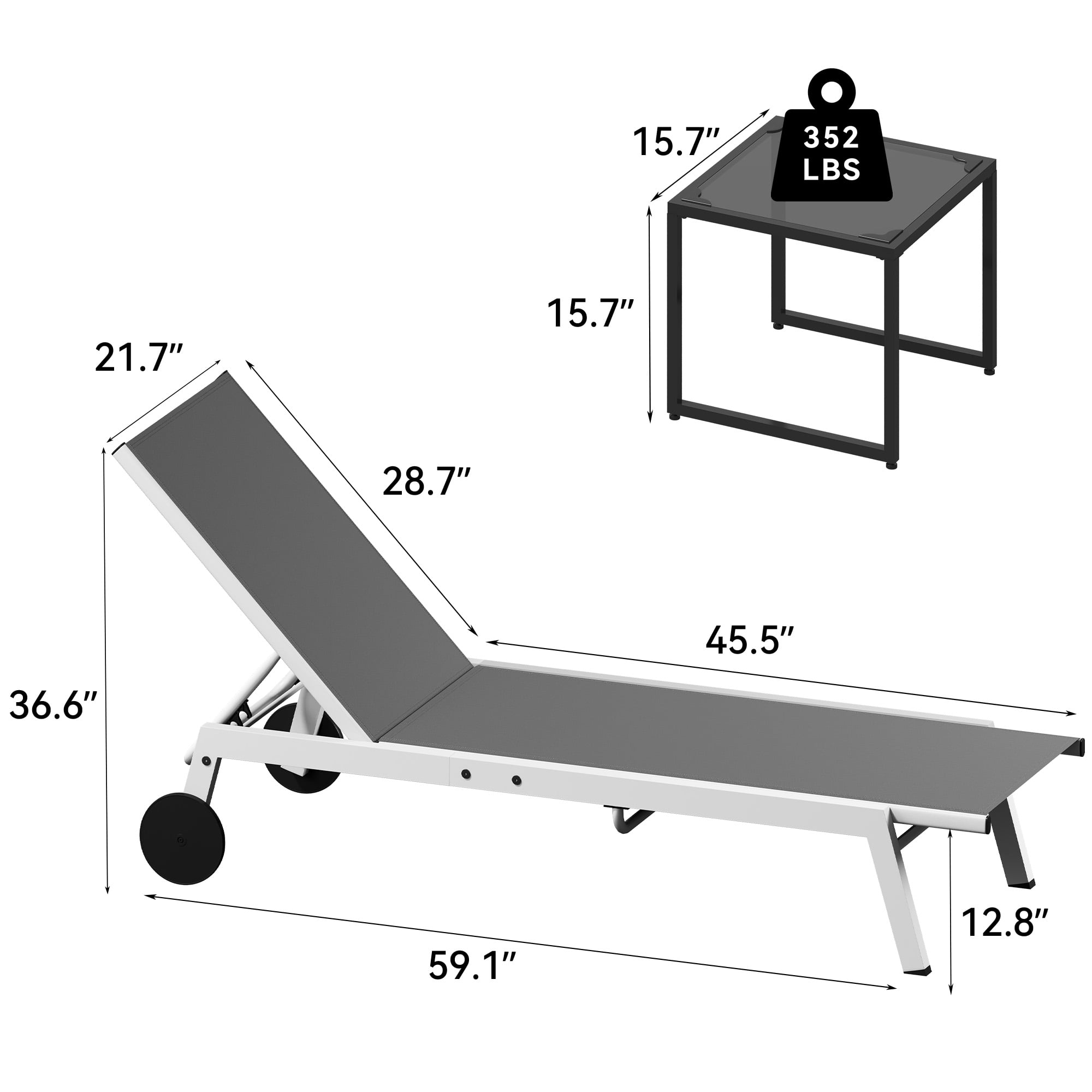 Uforic 3pcs Outdoor Chaise Lounge Set, 2 Adjustable Loungers with Side Table, Wheels, White+Gray