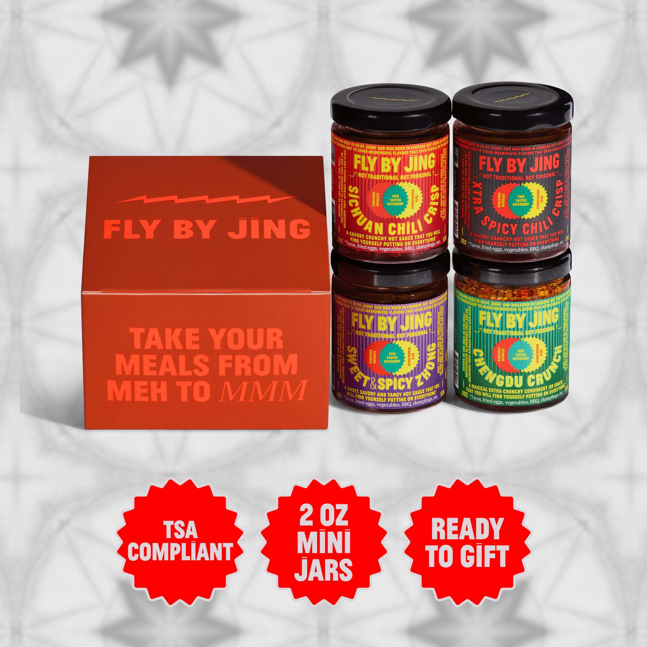 Fly By Jing Chili Crisp Sauce Mini Sampler Set, 4 Vegan Hot Sauces in TSA Compliant 2 oz Glass Jars