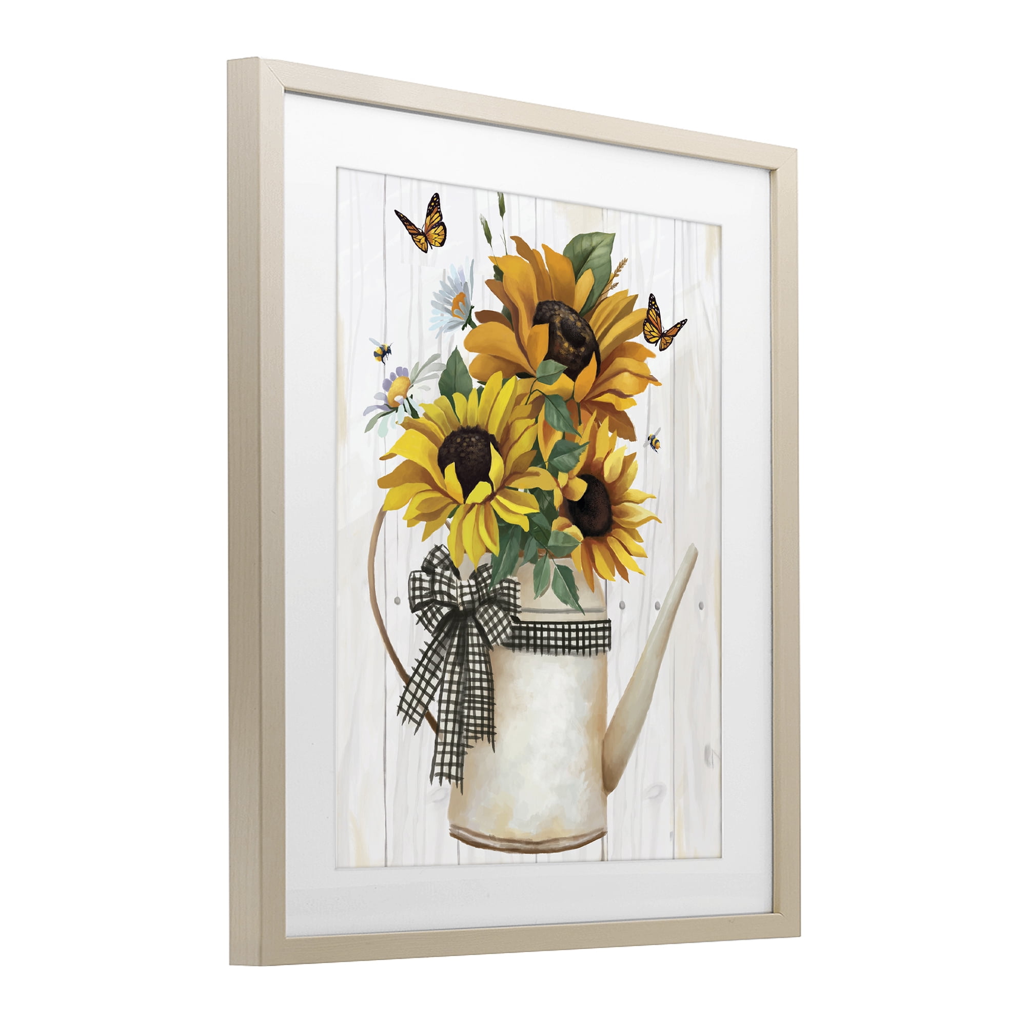 Stupell Industries Sunflower Trio in Watering Can Birch Framed Print Under Glass, design by Lucca Sheppard
