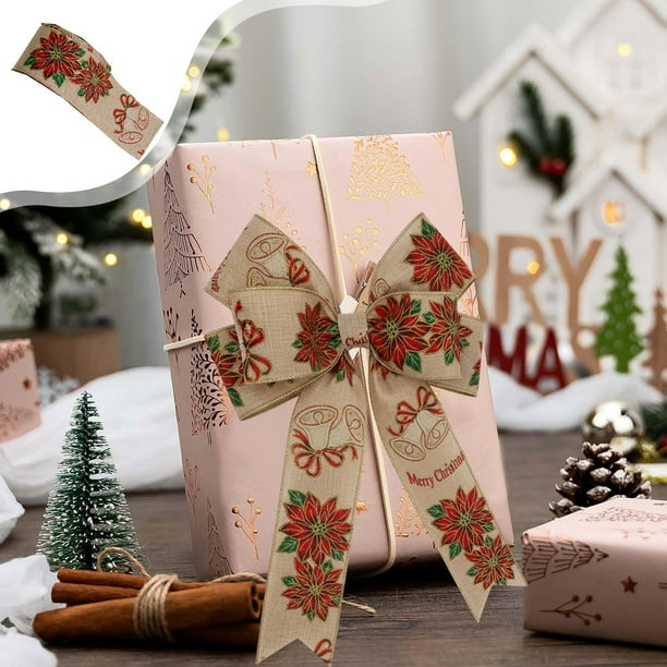 Christmas Printed Ribbon Handmade Christmas Bow Weave Ribbon Snowflake Pinecone Faux Linen Khaki-Colored Edged Satin Ribbon