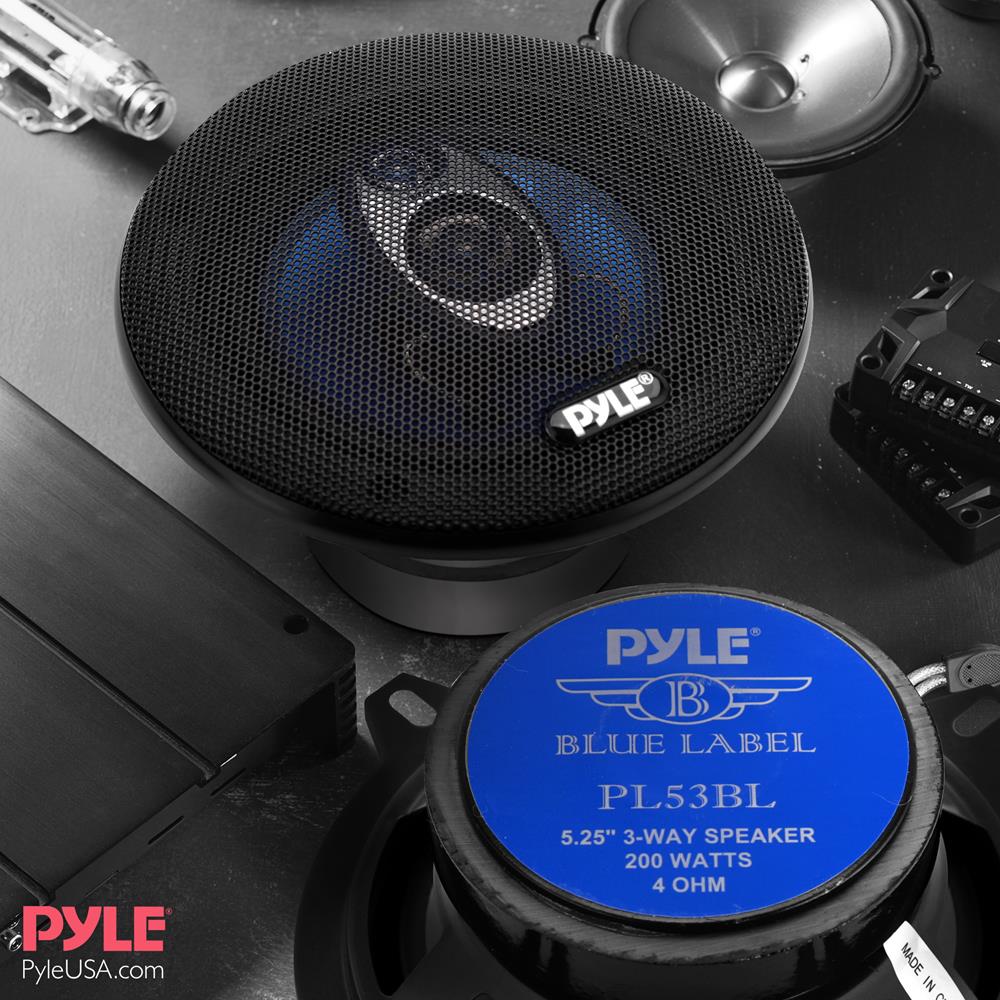 Pyle Car Sound Speaker 5.25 Inch 3-Way 200 Watt Blue Poly Cone Car Audio Speakers, Pair