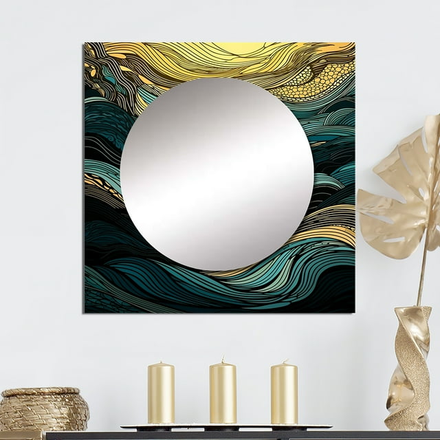 Designart "Symphony of Green Lines I" Minimalism Line Art Square Mirror For Wall Decor - Large Green Square Mirror Printed Wall Decor - Transitional Square Living Room Mirror