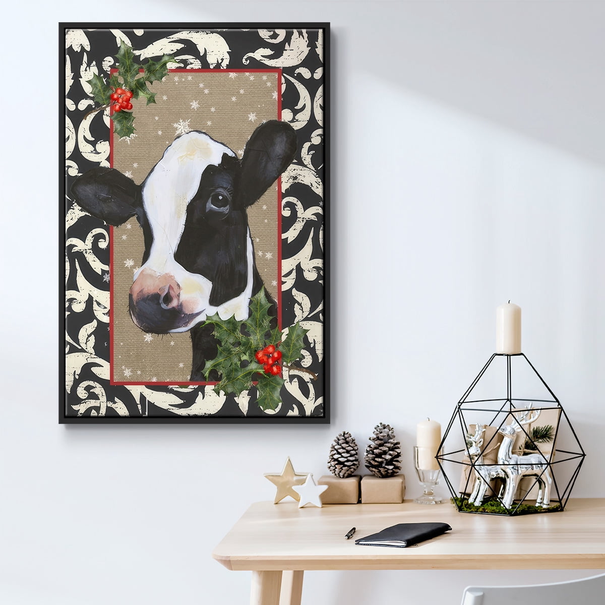 County Christmas Farm I - Framed Gallery Wrapped Holiday Canvas - 27 x 41 - Black Frame