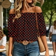 thumbnail image 5 of Yrmaups Polka Dot Off Shoulder Blouse for Women Plus Size, Ruffle Sleeve Flowy Pullover Top, Lightweight Summer Beach Vacation Daily Wear, Wine 2XL, 5 of 8