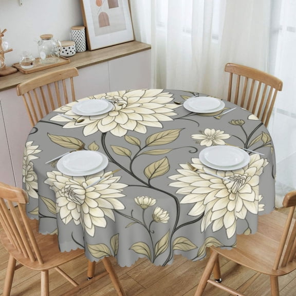 Neutral Cream Dahlia Vine Round Tablecloth Waterproof Oil Proof Spill Proof Table Cloth 70" for Camping, Dining, Indoor and Outdoor Table Cover