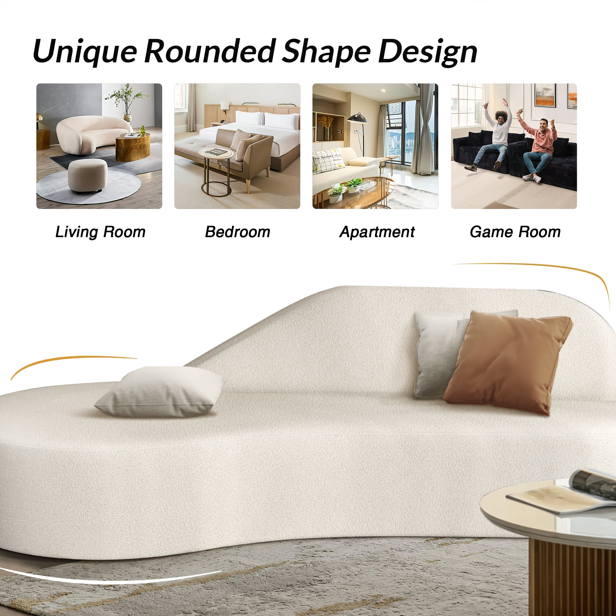 Aukfa Curved Couch Minimalist Style Comfy Sofa for Living Room, Compressed Couch, Chenille, Beige