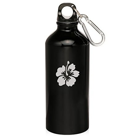 

20oz Aluminum Sports Water Bottle Caribiner Clip Hibiscus Flower (Black)