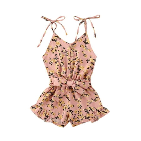 

jaweiw Baby Girls Summer Romper Floral Printed Tied Spaghetti Straps V-Neck Button Open Jumpsuits for 1 2 3 4 5 6 Year