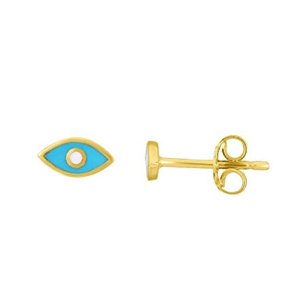 JewelStop 14K Yellow Gold 7.5x3.9mm Evil Eye Blue Enamel Stud Earrings with Butterfly Backings for Women
