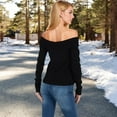 thumbnail image 4 of Women's Ribbed Off-the-Shoulder Long Sleeve Slim Fit Top in Soft Stretchy Midweight Fabric for a Chic Cropped Style - Medium, Black, 4 of 7